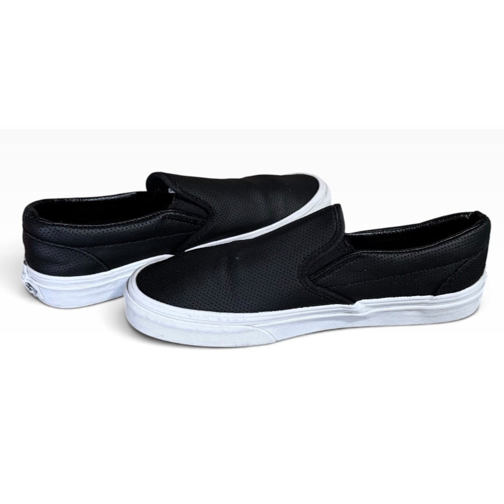 EUC Vans Classic Slip On Black Perforated Leather Skate Sneakers, 7(M) 8.5(W)
